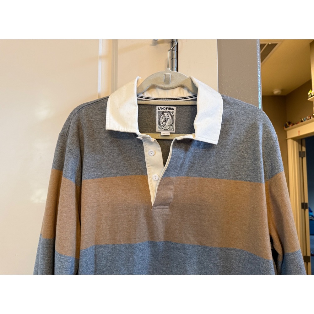 Vintage Men's‎ Lands' End Gray and Tan 100% Cotton Large Tall (LT) Rugby Shirt - Picture 3 of 8